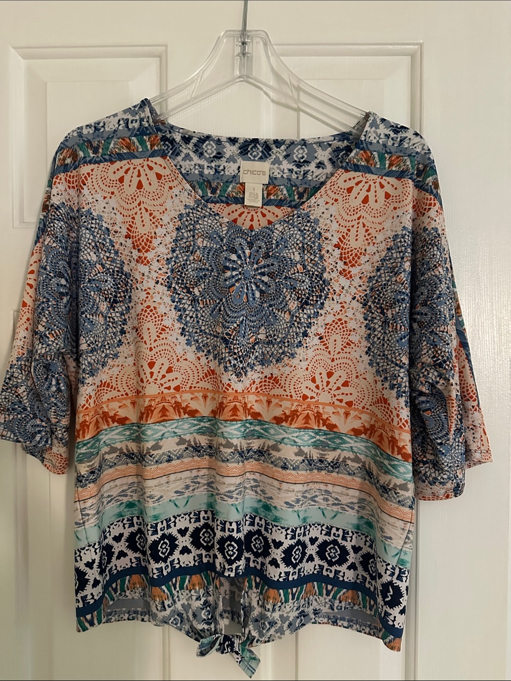 Chico's Navy, Coral & Teal Patterned Tie-Hem Women's Blouse